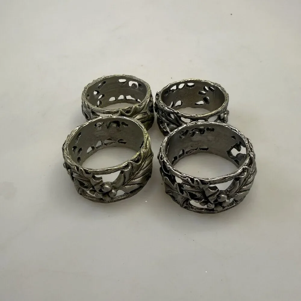 Longaberger 2001 American Holly Pewter Napkin Rings Set 4 Christmas NEW